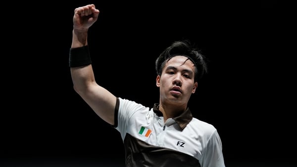 Nhat Nguyen of Ireland reacts in the Men's Singles Second Round match against Li Shifeng of China during day three of Yonex All England Open at Utilita Arena on March 05, 2026 in Birmingham, England.