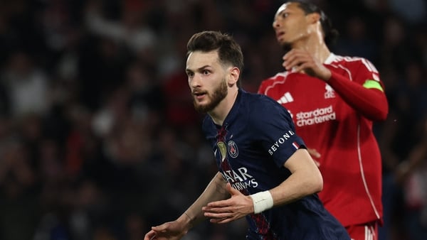 Paris Saint-Germain's Georgian forward #07 Khvicha Kvaratskhelia celebrates scoring his team's second goal during the UEFA Champions League quarter-final first leg football match between Paris Saint-Germain (PSG) and Liverpool FC at the Parc des Princes s