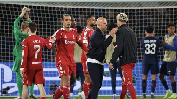 Arne Slot and Liverpool player after 2-0 defeat to PSG in Champions League quarter-final 1st leg - April 2026