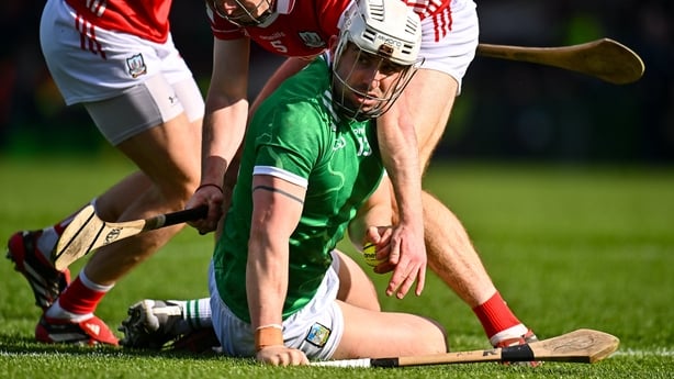 Aaron Gillane of Limerick in action against Eoin Downey of Cork during the Allianz Hurling League Division 1A final match between Limerick and Cork at TUS Gaelic Grounds in Limerick.