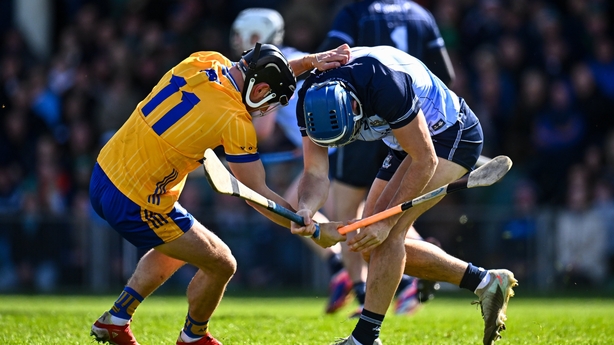 Eoghan O'Donnell of Dublin and David Reidy of Clare tussle off the ball during the Allianz Hurling League Division 1B final match between Clare and Dublin at TUS Gaelic Grounds in Limerick.