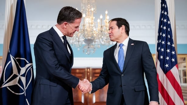 US Secretary of State Marco Rubio (R) shakes hands with with NATO Secrertary General Mark Rutte (L) as they meet at the State Department in Washington, DC, on April 8, 2026. Rutte has a scheduled meeting with US President Donald Trump later in the day at the White House. (Photo by Kent Nishimura / A