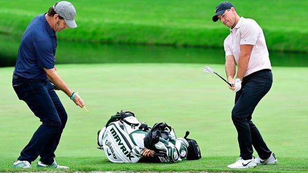 Masters champion Nick Faldo assists Rory McIlroy of Northern Ireland on his swing at No. 16 during Practice Round 3 for the Masters at Augusta National Golf Club, Tuesday, November 10, 2020. (Photo by Augusta National via Getty Images)