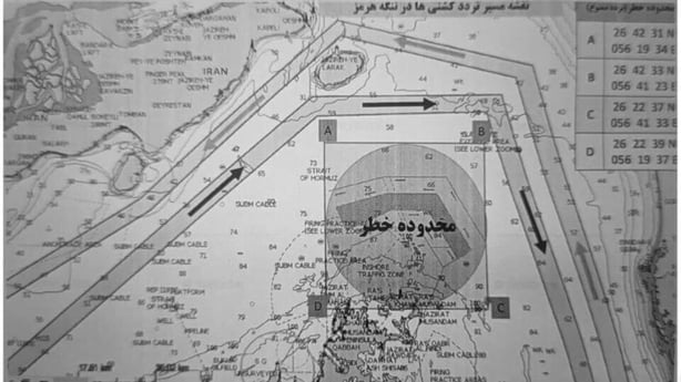 A map apparently released by Iran's Revolutionary Guard Corps showing safe shipping lanes in the Strait of Hormuz