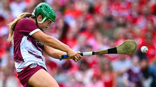 10 August 2025; Mairead Dillion of Galway scores her side's first goal during the Glen Dimplex All-Ireland Senior Camogie Championship final match between Cork and Galway at Croke Park in Dublin. Photo by Piaras Ó Mídheach/Sportsfile