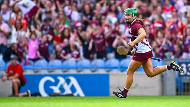 10 August 2025; Mairead Dillon of Galway celebrates scoring her side's first goal during the Glen Dimplex All-Ireland Senior Camogie Championship final match between Cork and Galway at Croke Park in Dublin. Photo by Piaras Ó Mídheach/Sportsfile
