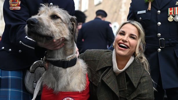Grand Marshall Vogue Williams poses with wolfhound Murlough during Dublin's St Patrick's Day Parade 