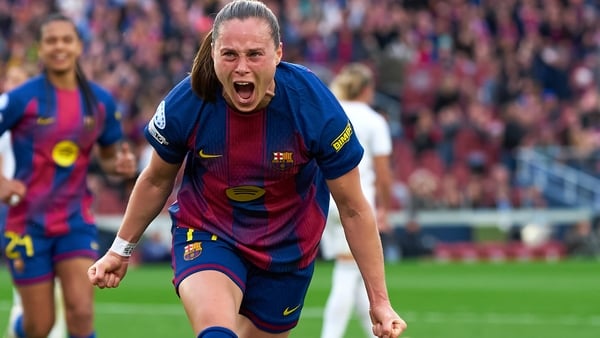 Ewa Pajor of FC Barcelona celebrates after scoring her team's fourth goal during the UEFA Women's Champions League 2025/26 Quarter-finals Second Leg match between FC Barcelona and Real Madrid CF at Spotify Camp Nou on April 02, 2026 in Barcelona