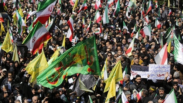 TEHRAN, IRAN - APRIL 09: Hundreds of thousands of people, carrying banners and flags, gather for a massive memorial march marking the 40th day following the death of the former Supreme Leader, Ayatollah Ali Khamenei in Tehran, Iran on April 09, 2026. Khamenei was killed on Feb. 28 during military st