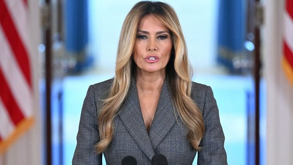 US First Lady Melania Trump speaks in the Cross Hall of the White House