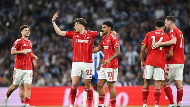Players of Nottingham Forest celebrate after Martim Fernandes of FC Porto (not pictured) scored own goal in Europa League quarter-final 1st leg, April 2026