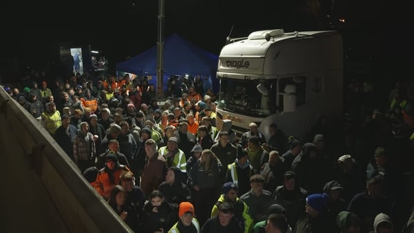 Protesters and supporters around a lorry at Whitegate Refinery last last night