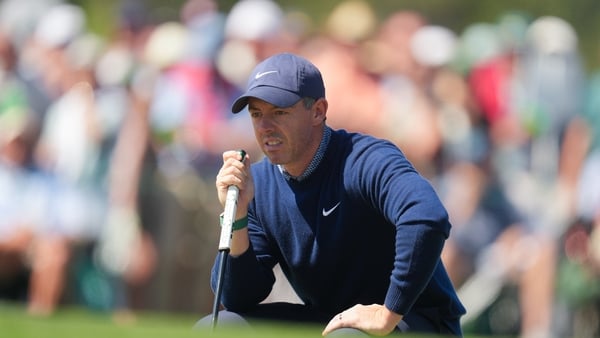 Rory McIlroy of Northern Ireland reads the putt on the 17th green during the first round of Masters Tournament at Augusta National Golf Club on April 9, 2026 in Augusta, Georgia.