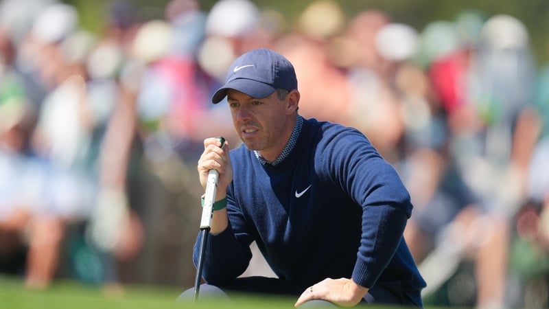 Rory McIlroy of Northern Ireland reads the putt on the 17th green during the first round of Masters Tournament at Augusta National Golf Club on April 9, 2026 in Augusta, Georgia.