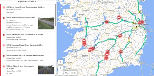 Map shows road closures on motorways across Ireland