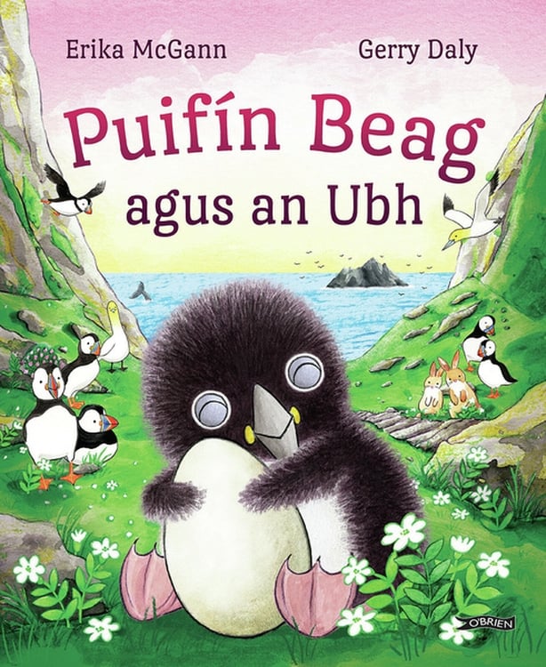 Cover of Puifin Beag agus an Ubh with a fluffy puffin hugging and egg.
