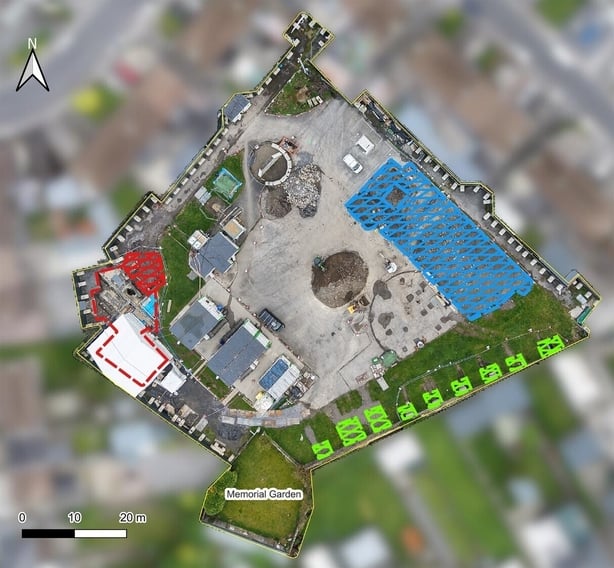 Overview of Tuam site photo taken 31 March 2026 white arrow shows North - Credit ODAIT