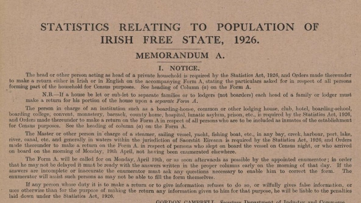 Memorandum A 1926 Census
(National Archives of Ireland)