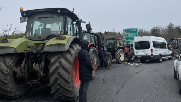 Protesters use tractors and trailers to block the Dublin Road roundabout in Co Cavan