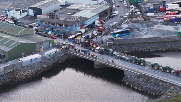 DRONE SHOT OF FUEL PROTEST AT GALWAY PORT - RTE