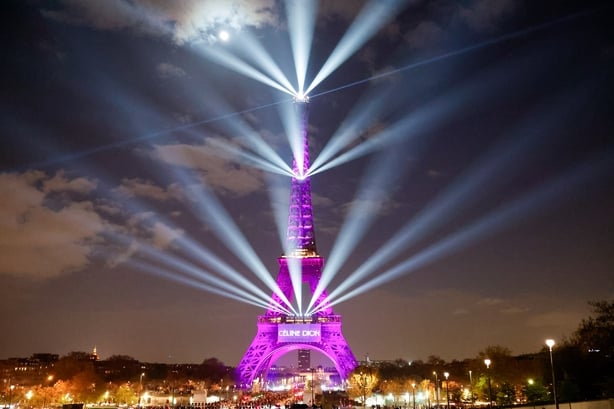 PARIS, FRANCE - MARCH 30: The Eiffel Tower is illuminated for Celine Dion on March 30, 2026 in Paris, France. Celine Dion is expected to perform a number of comeback concerts at Live Nation's La Défense Arena in Paris this Autumn. She will give two concerts each week in September and October at the 
