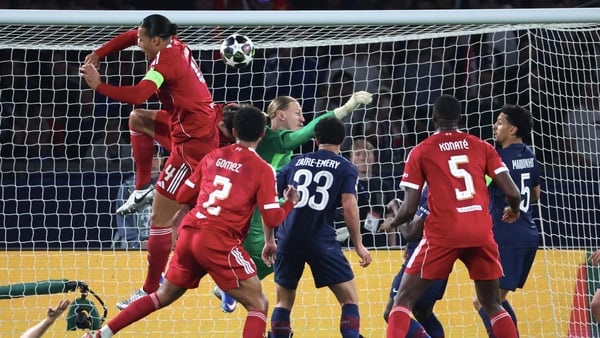 Matvei Safonov #39 of Paris Saint-Germain stop the ball over Virgil Van Dijk #4 of Liverpool FC during the UEFA Champions League 2025/26 Quarter-Final First Leg match between Paris Saint-Germain and Liverpool FC at Parc des Princes on April 08, 2026 in Pa
