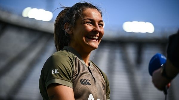 10 April 2026; Captain Erin King is interviewed after an Ireland Women's Rugby captain's run at the Allianz Stadium in Twickenham, England. Photo by Shauna Clinton/Sportsfile
