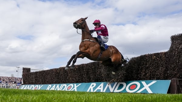 LIVERPOOL, ENGLAND - APRIL 10: Paul Townend riding Gold Dancer make a blunder at the last but still manage to win The William Hill Mildmay Novices' Chase on Ladies Day at Aintree Racecourse on April 10, 2026 in Liverpool, England. (Photo by Alan Crowhurst