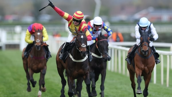 LIVERPOOL, ENGLAND - APRIL 10: Jack Quinian riding Storming George celebrates winning ThatPrizeGuy Top Novices' on Ladies Day at Aintree Racecourse on April 10, 2026 in Liverpool, England. (Photo by Michael Steele/Getty Images)