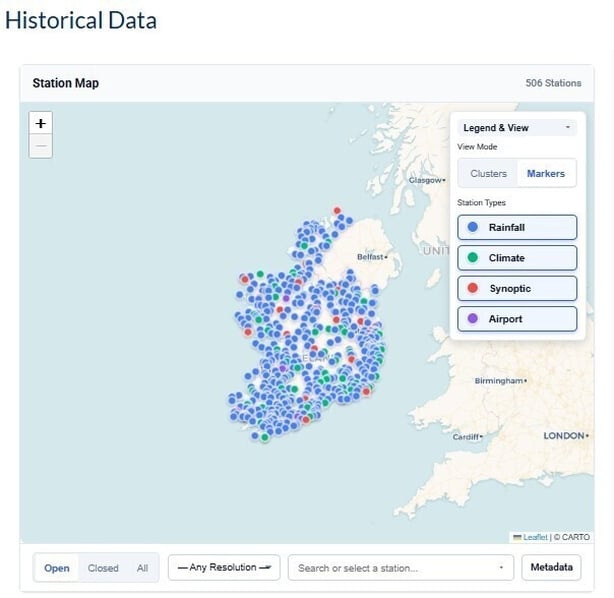 Historical data map from Met Éireann website