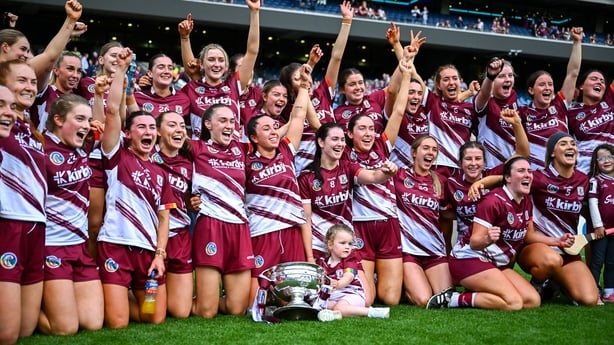 Galway players celebrate after the Glen Dimplex All-Ireland Senior Camogie Championship final match between Cork and Galway at Croke Park in Dublin.