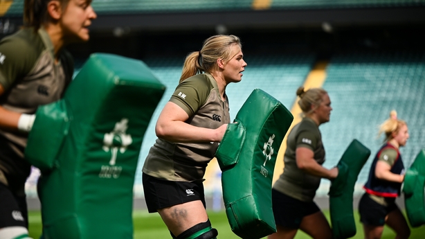 10 April 2026; Dorothy Wall, centre, with team-mates, from left, Erin King, Cliodhna Moloney MacDonald and Neve Jones during an Ireland Women's Rugby captain's run at the Allianz Stadium in Twickenham, England. Photo by Shauna Clinton/Sportsfile