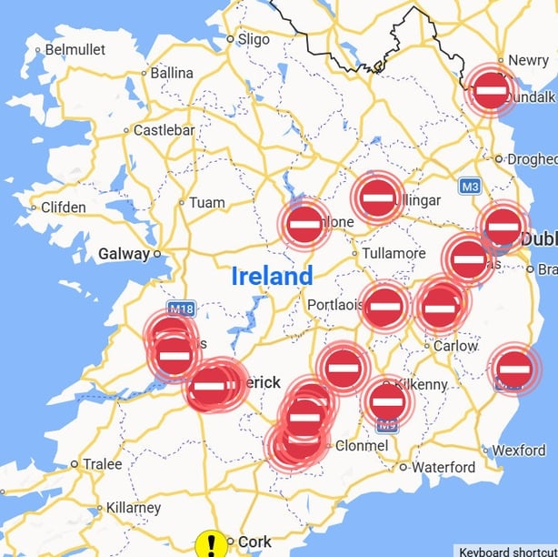 TII Map showing disruption on national routes due to fuel protests