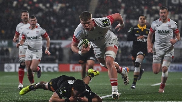 Bryn Ward of Ulster scores his side's fourth try v La Rochelle, Challenge Cup, April 2026