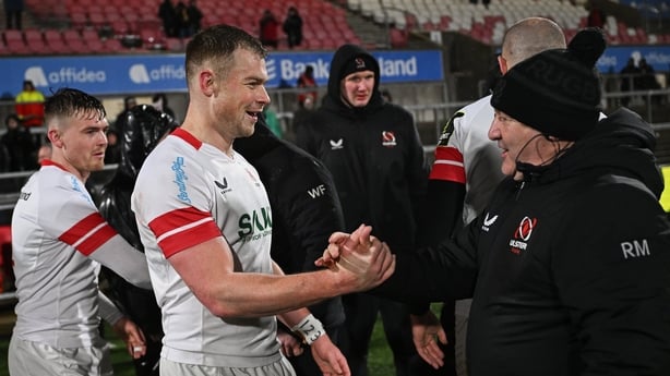 Zac Ward of Ulster and Ulster head coach Richie Murphy after the EPCR Challenge Cup quarter-final match between Ulster and La Rochelle at Affidea Stadium in Belfast.