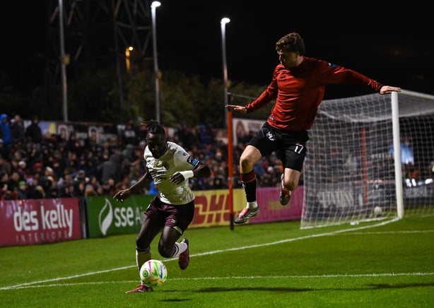 Jeannot Esua of Sligo Rovers is tackled by Adam McDonnell of Bohemians resulting in a red card for the Bohemians player during the SSE Airtricity Men's Premier Division match between Bohemians and Sligo Rovers at Dalymount Park in Dublin.