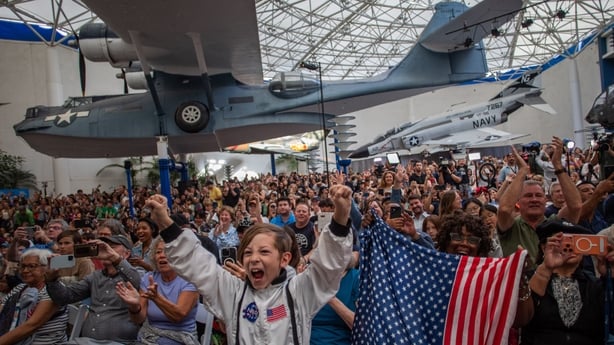 NASA's gumdrop-shaped Orion capsule, dubbed Integrity, parachuted gently into the sea off the Southern California coast shortly after 5pm PT (1am Irish time)