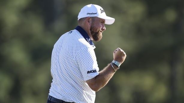 Shane Lowry of Ireland reacts on the 18th green during the second round of the 2026 Masters Tournament at Augusta National Golf Club on April 10, 2026 in Augusta,