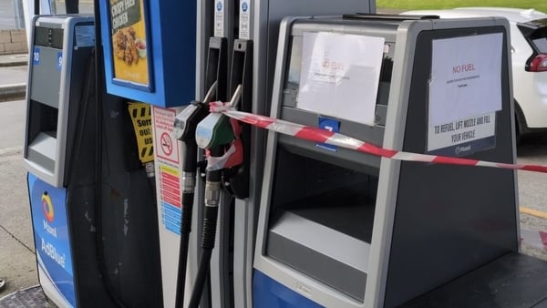 Signs which says 'No fuel' is pictured outside a petrol station in Wicklow Town
