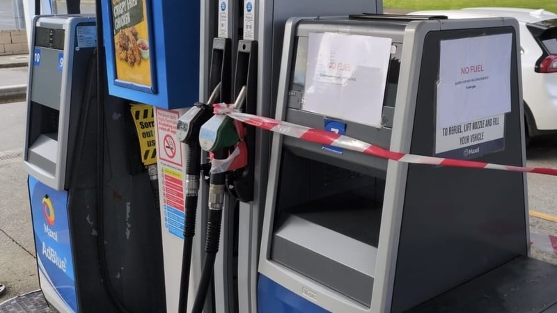 Signs which says 'No fuel' is pictured outside a petrol station in Wicklow Town