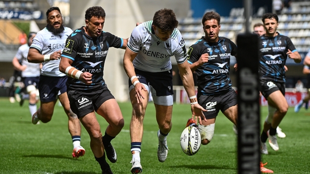  Chay Mullins of Connacht in action against Tom Banks of Montpellier Hérault during the EPCR Challenge Cup quarter-final match between Montpellier and Connacht at Septeo Stadium in Montpellier, France