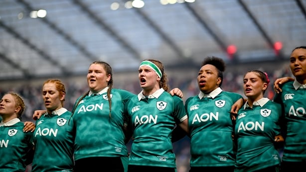 11 April 2026; Ireland players sing Ireland's Call before the Women's Six Nations Rugby Championship match between England and Ireland at Allianz Stadium in Twickenham, England. Photo by Shauna Clinton/Sportsfile