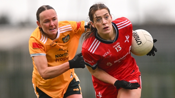 Eimear Byrne of Louth in action against Ciara Brown of Antrim during the Lidl Ladies National Football League Division 3 final match between Antrim and Louth at St Oliver Plunkett Park in Crossmaglen, Armagh. 
