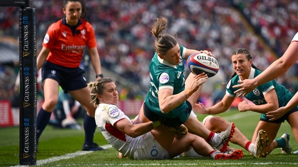 Anna McGann of Ireland scores her side's first try during the Women's Six Nations Rugby Championship match between England and Ireland at Allianz Stadium in Twickenham, England.