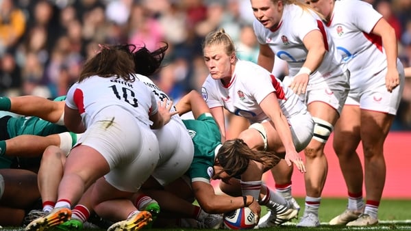 11 April 2026; Erin King of Ireland scores her side's second try during the Women's Six Nations Rugby Championship match between England and Ireland at Allianz Stadium in Twickenham, England. Photo by Shauna Clinton/Sportsfile