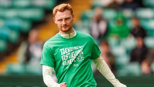 Liam Scales of Celtic warms up ahead of kick off during the William Hill Premiership between Celtic and St. Mirren at Celtic Park on April 11, 2026 in Glasgow, Scotland.