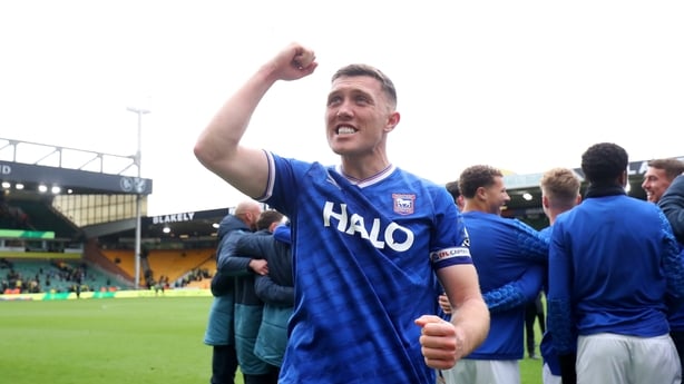 Dara O'Shea of Ipswich Town celebrates after the teams victory following the Sky Bet Championship match between Norwich City and Ipswich Town at Carrow Road on April 11, 2026 in Norwich, United Kingdom.