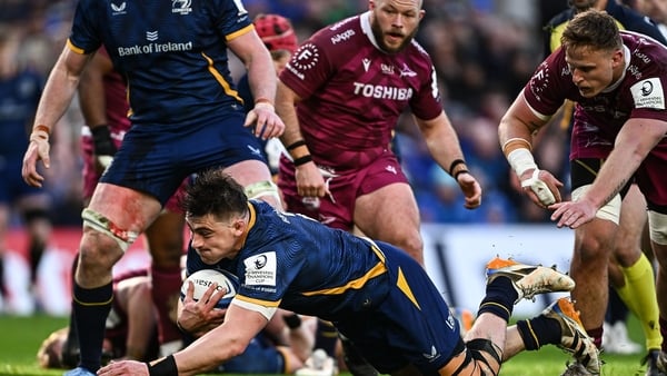 11 April 2026; Dan Sheehan of Leinster dives over to score his side's first try during the Investec Champions Cup quarter-final match between Leinster and Sale Sharks at the Aviva Stadium in Dublin. Photo by Seb Daly/Sportsfile