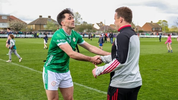 London captain Liam Gallagher shakes hands with Mayo manager Andy Moran following the Connacht SFC quarter-final clash