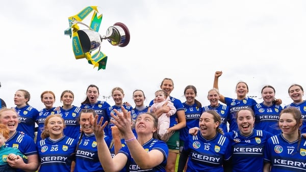 Centra Camogie League Division 2A Final, St. Rynagh’s Banagher, Offaly. Kerry's Aoife Fitzgerald throws the cup into the air.